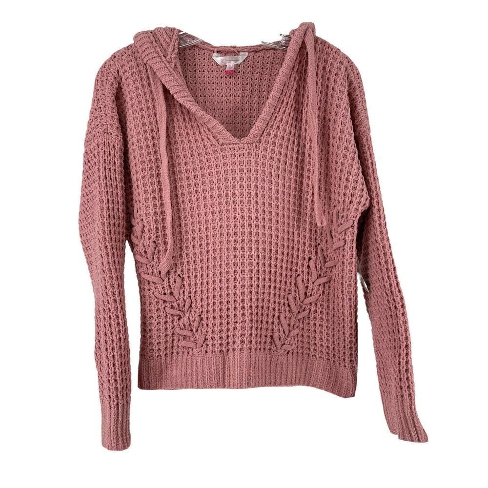 Chenille Hoodie Pink Laced Pullover V Neck Soft Casual Cozy Top Juniors L 11-13